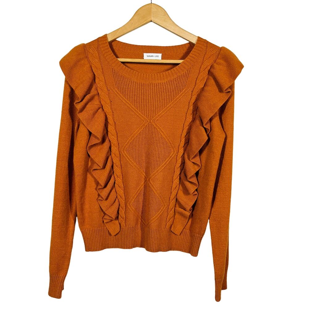 Sugar + Lipz SCoop Neck Retro Knit Sweater Ruffle Trim Rust LS Casual - M